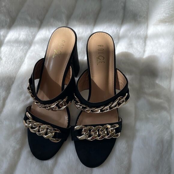 Rouge gold tone chain decor faux suede black heels size 9 - Picture 13 of 14